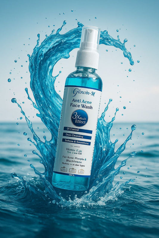 Bottle of Anti Acne Face Wash with water splash effect on a blue background